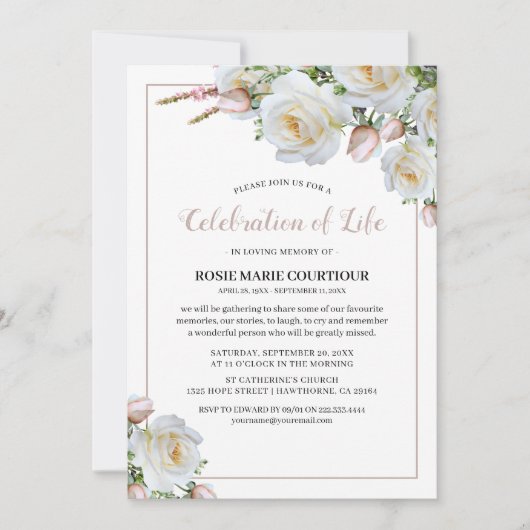 Elegant White Rose Memorial | Viering van het leve Kaart (Voorkant)