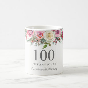 Elegant White Rose Pink Floral 100th Birthday Koffiemok
