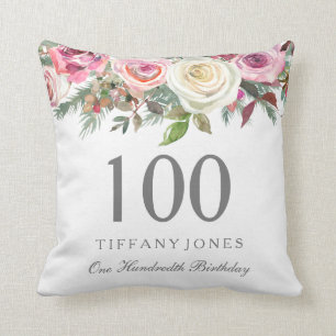 Elegant White Rose Pink Floral 100th Birthday Kussen