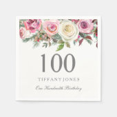 Elegant White Rose Pink Floral 100th Birthday Servetten (Voorkant)