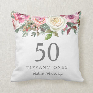 Elegant White Rose Pink Floral 50th Birthday Kussen
