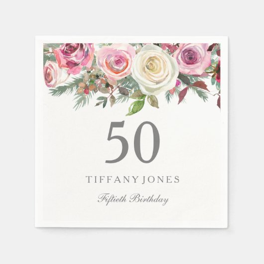 Elegant White Rose Pink Floral 50th Birthday Servetten (Voorkant)