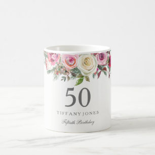 Elegant White Rose Pink Floral 70th Birthday Koffiemok
