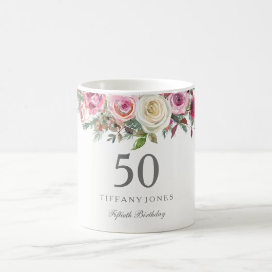 Elegant White Rose Pink Floral 70th Birthday Koffiemok (Center)