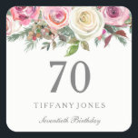 Elegant White Rose Pink Floral 70th Birthday Vierkante Sticker<br><div class="desc">Elegant White Rose Pink Floral 70e verjaardag Sticker zeebaars Zie Niche en nestwinkel voor overeenkomend collectie</div>