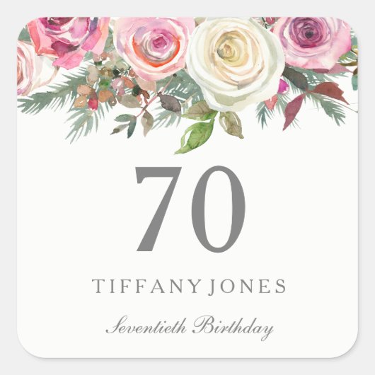 Elegant White Rose Pink Floral 70th Birthday Vierkante Sticker (Voorkant)