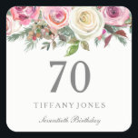 Elegant White Rose Pink Floral 70th Birthday Vierkante Sticker<br><div class="desc">Elegant White Rose Pink Floral 70e verjaardag Sticker zeebaars Zie Niche en nestwinkel voor overeenkomend collectie</div>