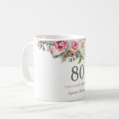 Elegant White Rose Pink Floral 80th Birthday Koffiemok (Voorkant links)