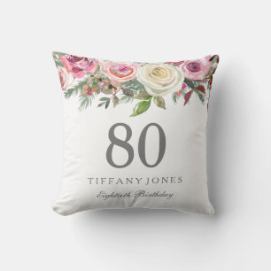 Elegant White Rose Pink Floral 80th Birthday Kussen