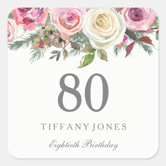 Elegant White Rose Pink Floral 80th Birthday Vierkante Sticker (Voorkant)