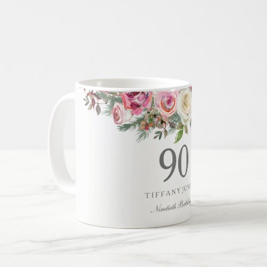 Elegant White Rose Pink Floral 90th Birthday Koffiemok (Voorkant links)
