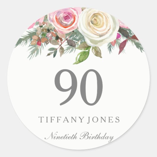 Elegant White Rose Pink Floral 90th Birthday Party Ronde Sticker (Voorkant)