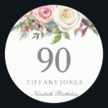 Elegant White Rose Pink Floral 90th Birthday Party Ronde Sticker<br><div class="desc">Elegant White Rose Pink Floral 90th Birthday Party bevoordeelt Sticker zeehond Zie Niche en nestwinkel voor overeenkomend collectie</div>