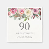 Elegant White Rose Pink Floral 90th Birthday Servet (Voorkant)