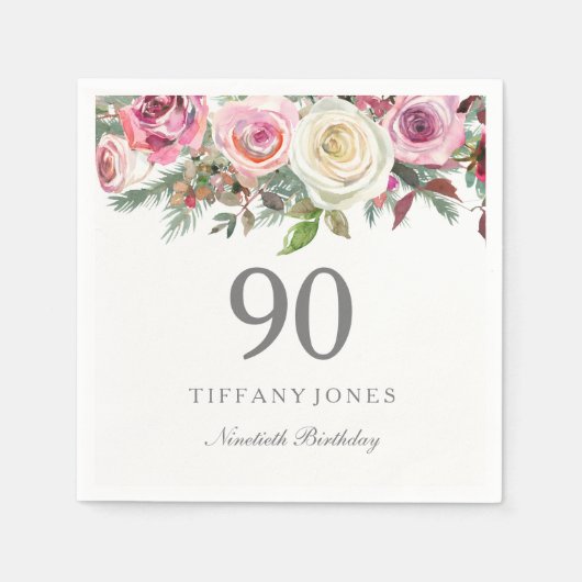 Elegant White Rose Pink Floral 90th Birthday Servet (Voorkant)