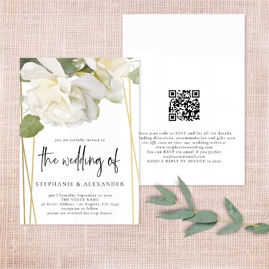 Elegant White Rose QR Code Weddenschap Kaart
