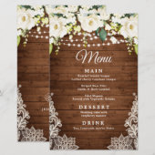 Elegant White Rose Rustic Wedding Dinner Menu (Voorkant / Achterkant)