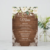 Elegant White Rose Rustic Wedding Dinner Menu (Staand voorkant)