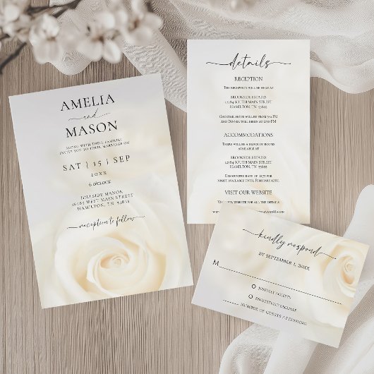 Elegant White Rose Script Wedding Invitation Kaart