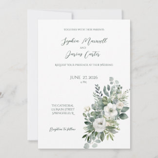 Elegant White Rose Wedding Invitation Kaart