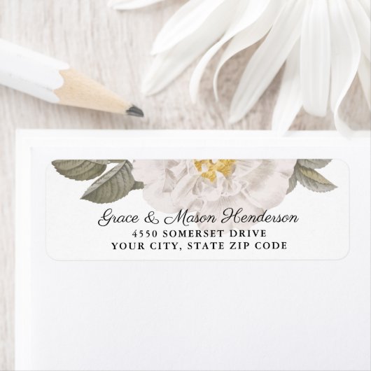 Elegant  White Rose Wedding Return Address Etiket (Insitu)