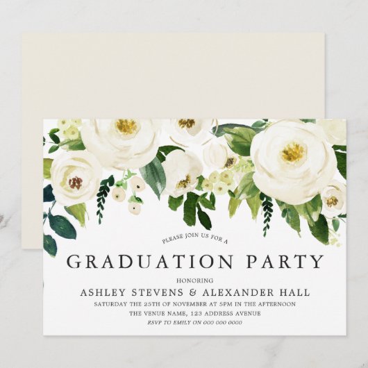Elegant White Roses Beauful Graduation Party Kaart (Voorkant / Achterkant)