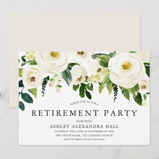 Elegant White Roses Beauful Retirement Party Kaart (Voorkant / Achterkant)