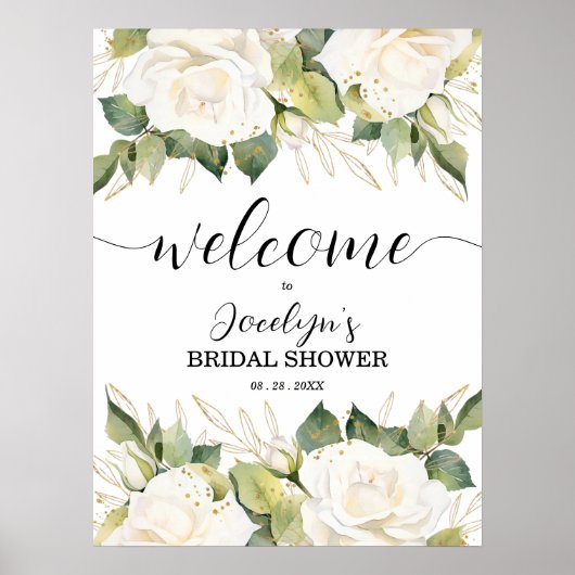 Elegant White Roses Bridal Shower Welcome Poster (Voorkant)