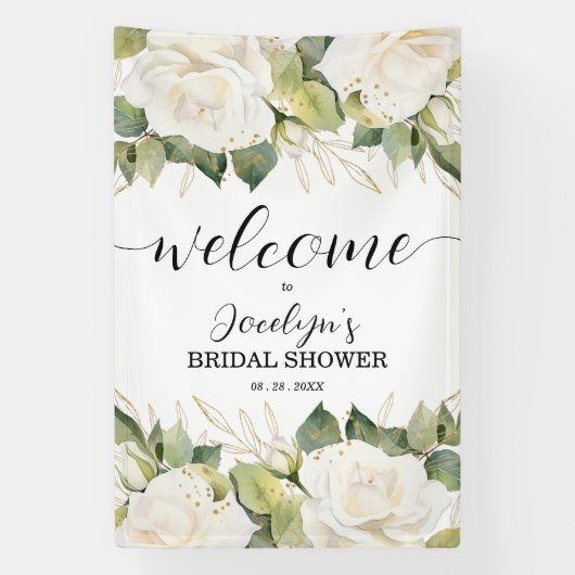 Elegant White Roses Bridal Shower Welcome Spandoek (Verticaal)