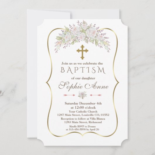 Elegant White Roses Burgundy Gold Baptisme Kaart (Voorkant)