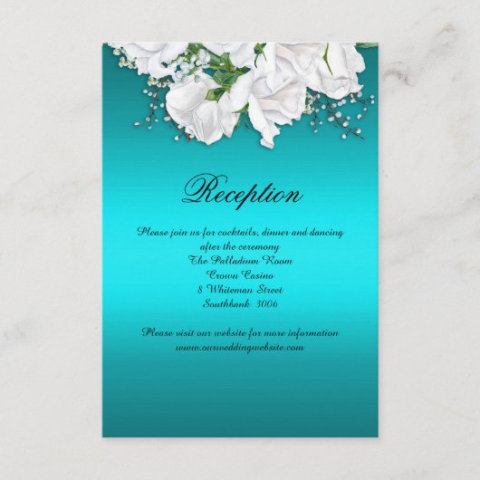 Elegant White Roses en Aqua Wedding Reception Informatiekaartje (Voorkant)