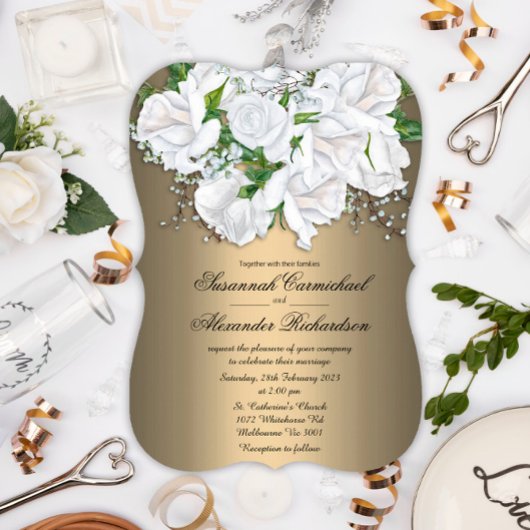 Elegant White Roses en Bleek Bronze Floral Wedding Kaart