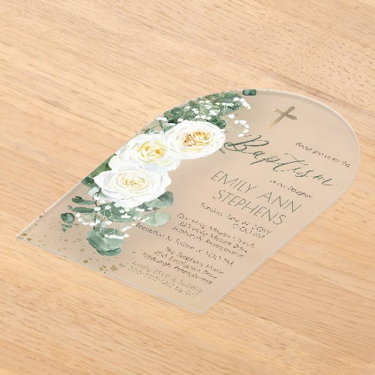 Elegant White Roses Eucalyptus Floral Girl Baptism Acryl Uitnodigingen (Laagn)