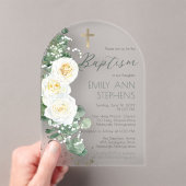 Elegant White Roses Eucalyptus Floral Girl Baptism Acryl Uitnodigingen (Insitu (Draagbaar))