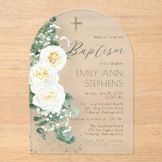 Elegant White Roses Eucalyptus Floral Girl Baptism Acryl Uitnodigingen (Voorkant)