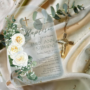 Elegant White Roses Eucalyptus Floral Girl Baptism Acryl Uitnodigingen