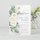 Elegant White Roses Eucalyptus Floral Girl Baptism Kaart (Staand voorkant)