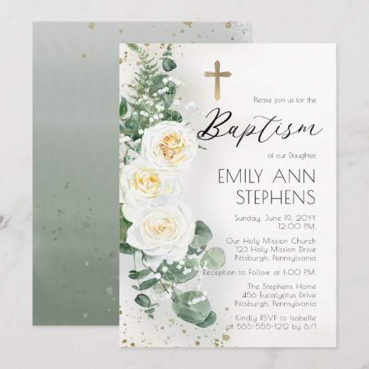 Elegant White Roses Eucalyptus Floral Girl Baptism Kaart (Voorkant / Achterkant)