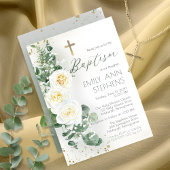 Elegant White Roses Eucalyptus Floral Girl Baptism Kaart