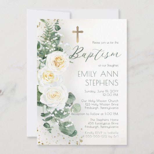 Elegant White Roses Eucalyptus Floral Girl Baptism Kaart (Voorkant)
