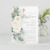 Elegant White Roses Eucalyptus Floral Girl Baptism Kaart (Staand voorkant)