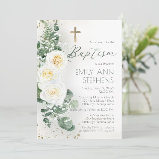Elegant White Roses Eucalyptus Floral Girl Baptism Kaart (Staand voorkant)