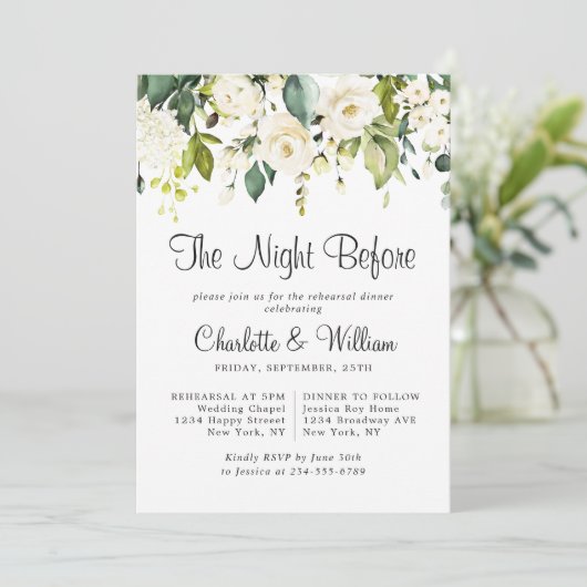 Elegant White Roses Eucalyptus REHEARSAL DINNER Kaart (Staand voorkant)