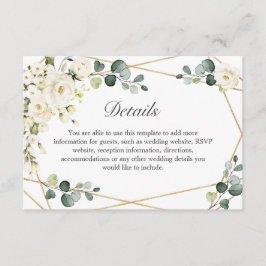 Elegant White Roses Eucalyptus Weddenschap Details Informatiekaartje