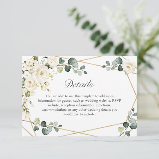 Elegant White Roses Eucalyptus Weddenschap Details Informatiekaartje (Staand voorkant)