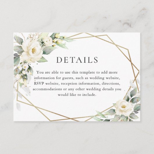 Elegant White Roses Eucalyptus Weddenschap Details Informatiekaartje (Voorkant)