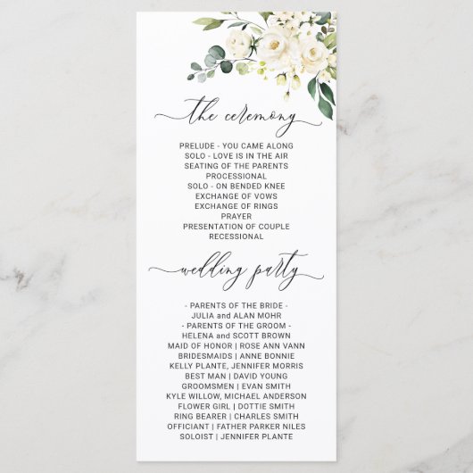 Elegant White Roses Eucalyptus Wedding Ceremony Programmakaart (Achterkant)