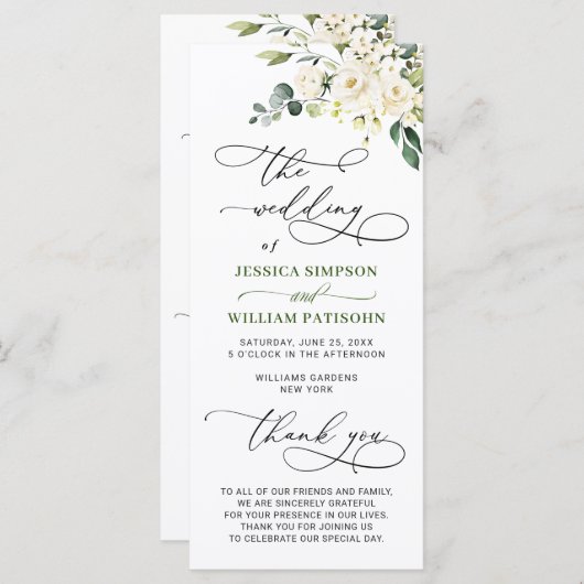Elegant White Roses Eucalyptus Wedding Ceremony Programmakaart (Voorkant / Achterkant)