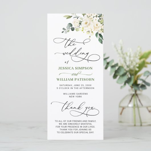 Elegant White Roses Eucalyptus Wedding Ceremony Programmakaart (Staand voorkant)