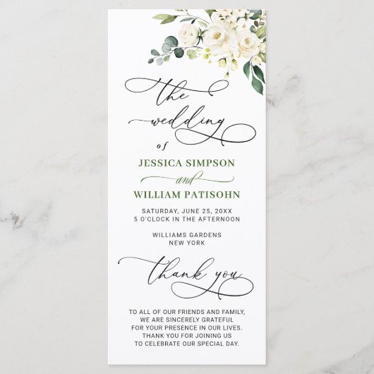 Elegant White Roses Eucalyptus Wedding Ceremony Programmakaart (Voorkant)